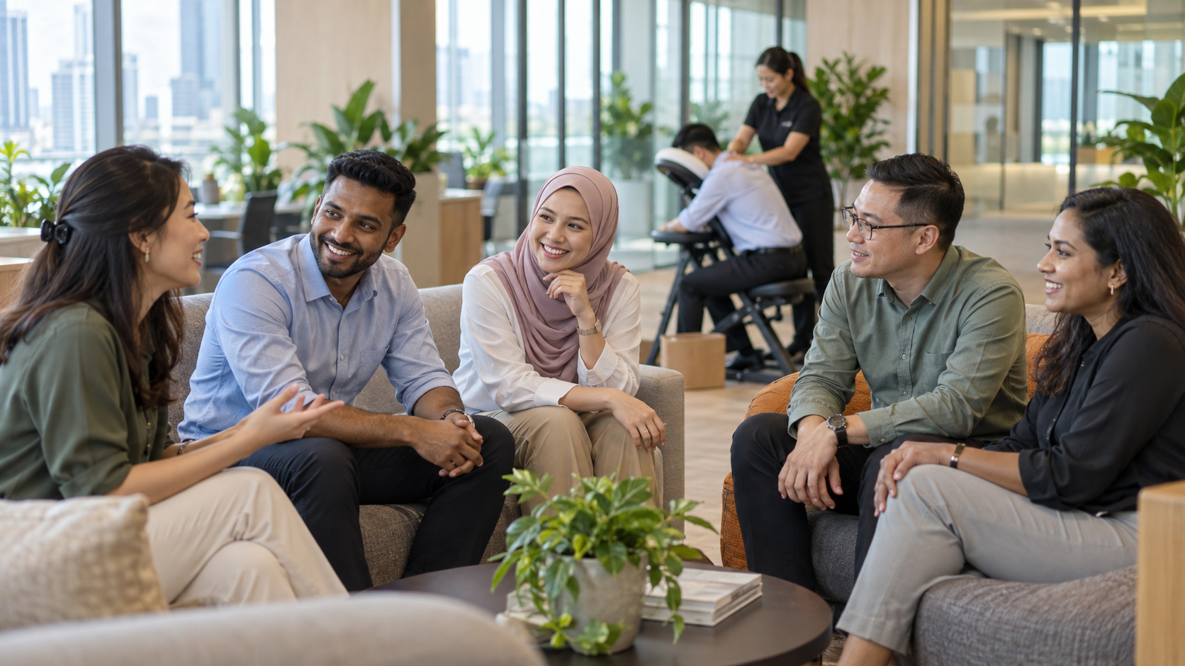 Malaysian office colleagues chatting while waiting for their Woorut sessions.