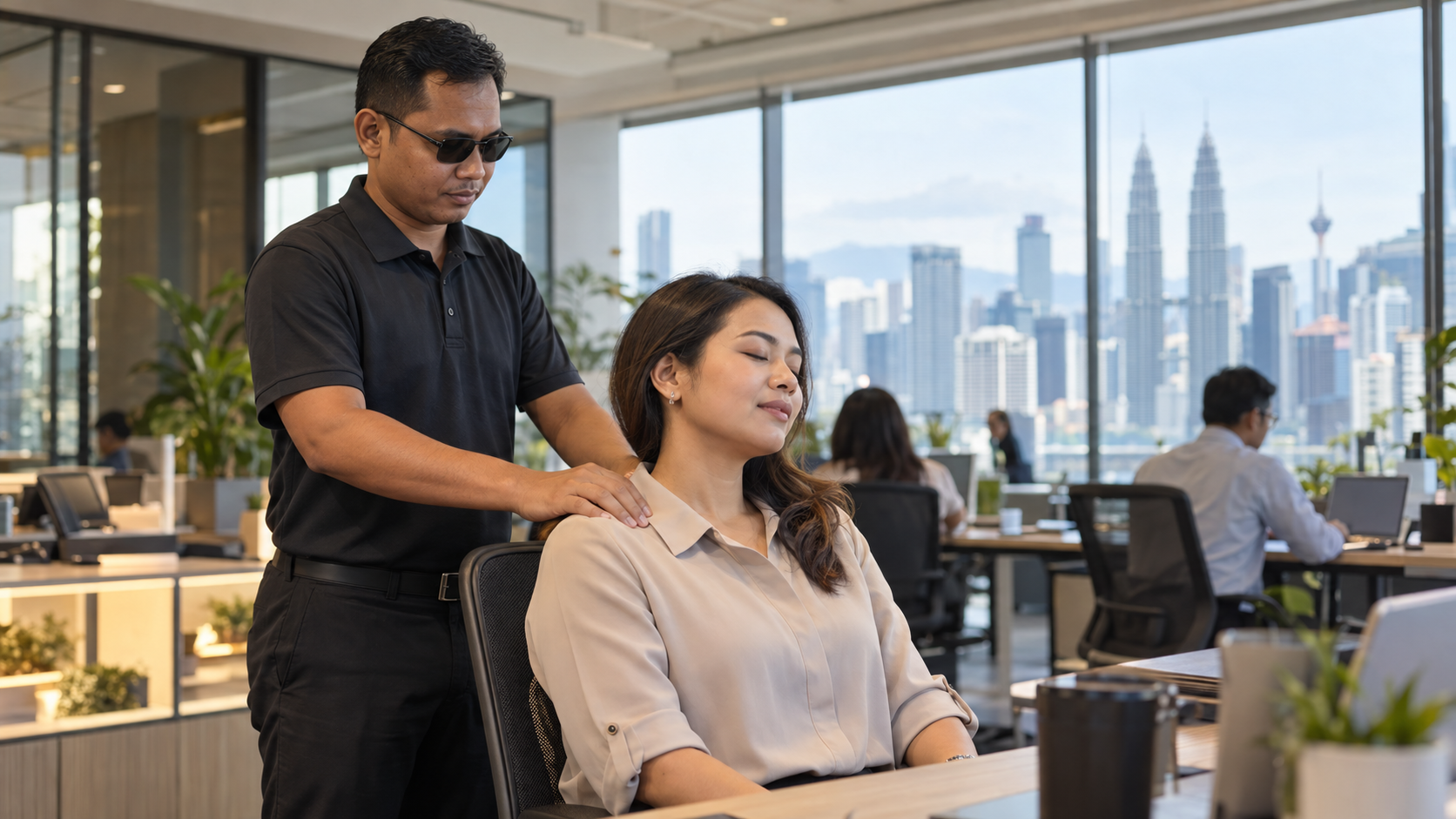 A Woorut therapist giving an office worker a seated shoulder massage in a modern Kuala Lumpur office.