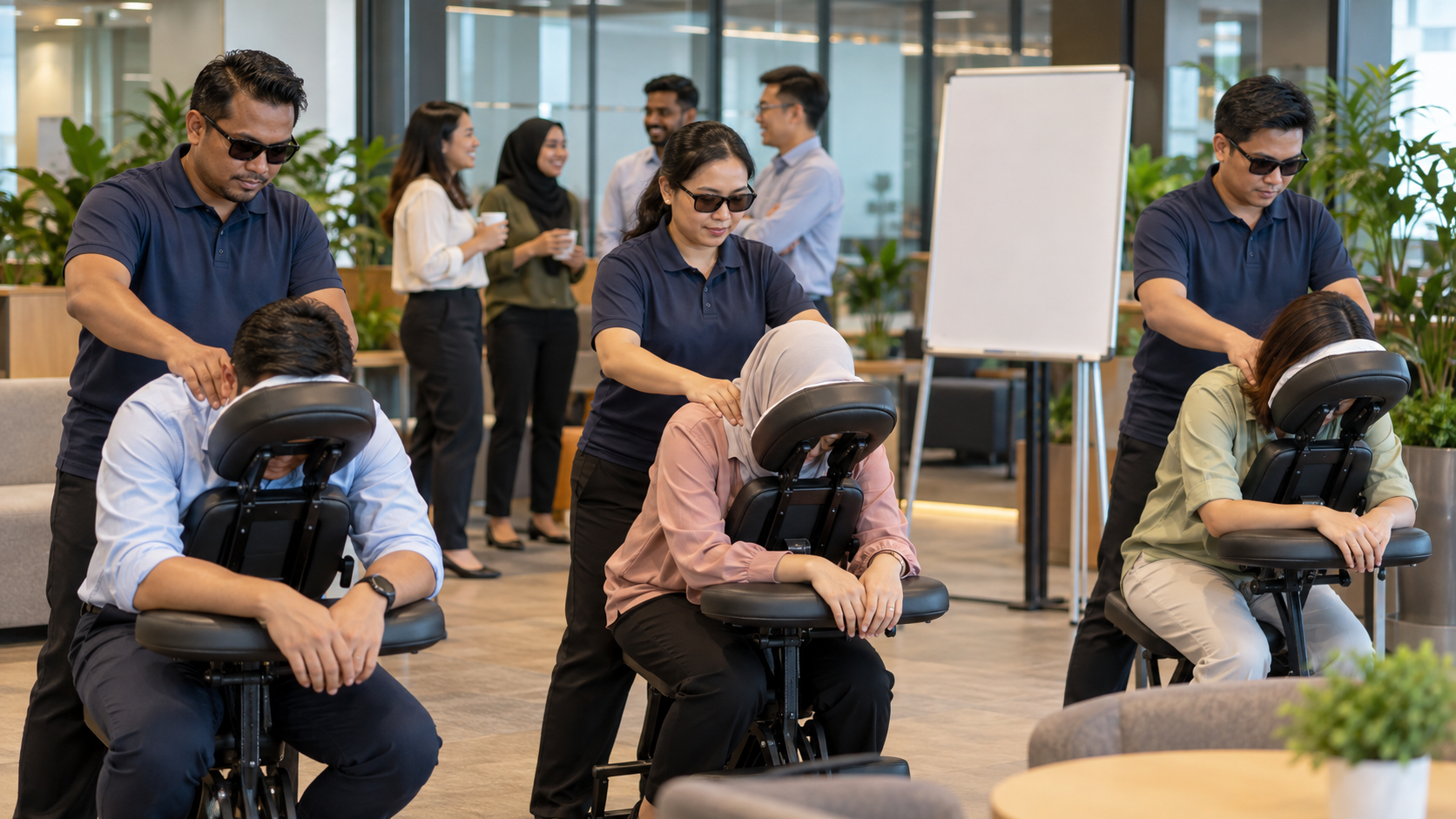 Three Woorut therapists delivering seated massage sessions during a Malaysian corporate wellness event.