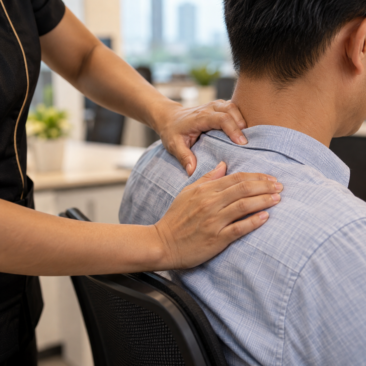 Close-up of a therapist applying professional shoulder massage technique.
