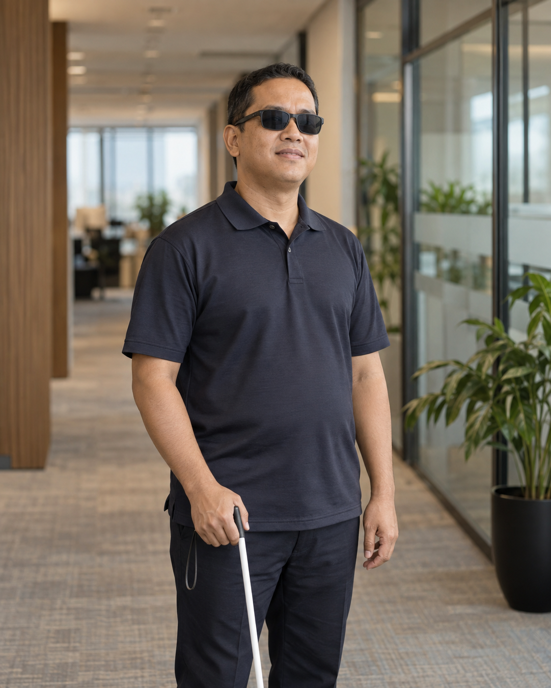 A confident Malaysian Woorut massage therapist in a modern office corridor.